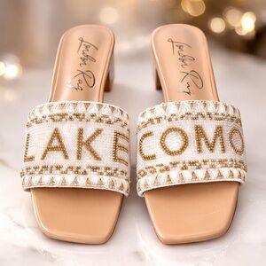 White & Gold Lake Como Beaded Slide Sandals